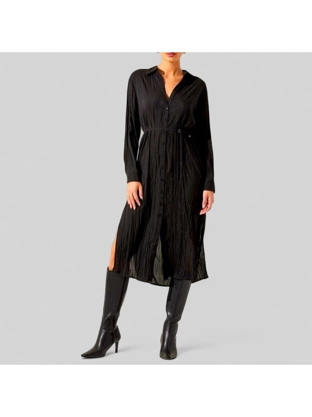 ASTR the Label Belted Long Sleeve Midi Shirtdress-Black size Small-NWT